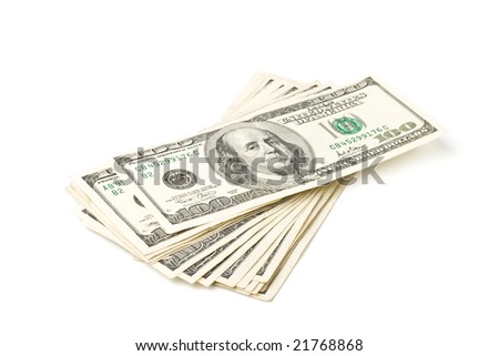 Stack of one hundred dollar banknotes on a white background.