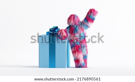 3d render, colorful hairy yeti stands near the big blue gift box, bigfoot cartoon character celebrating birthday. Festive party clip art isolated on white background