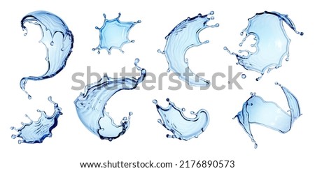 3d render, water splash clip art set. Big collection of assorted liquid splashing isolated on white background