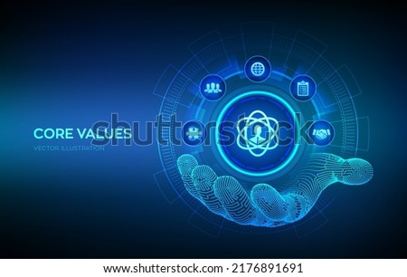 Core Values icon in robotic hand. Responsibility Ethics Goals Company concept on virtual screen. Core values infographic. Vector illustration. Royalty-Free Stock Photo #2176891691