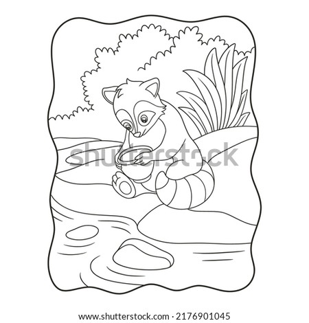 cartoon illustration The raccoon is sitting by the river holding the jar and playing with it book or page for kids black and white