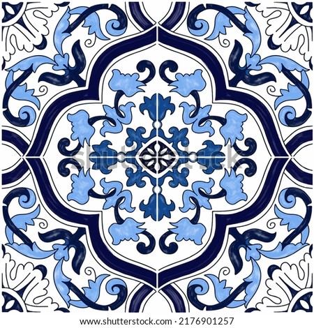 Sicilian ceramic style tile, featuring blue decorative flourishes with floral elements.
