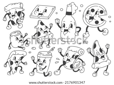 Set of pizza in retro cartoon style illustration, vintage character vector line art collection
