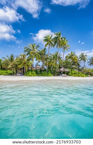 Paradise island beach. Tropical landscape of summer scenery, sea sand sky palm trees. Luxury travel vacation destination. Exotic beach landscape. Amazing nature, relax, freedom nature concept Maldives