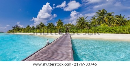 Best summer travel panorama. Maldives islands, tropical paradise coast, palm trees, sandy beach with wooden pier. Exotic vacation destination scenic, beach background. Amazing sunny sky sea, fantastic Royalty-Free Stock Photo #2176933745