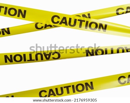 A set of yellow plastic tapes with the inscription - caution on a white background. Minimalism. Abstraction. Warning, restriction, border. There are no people in the photo. Advertising, banner.
