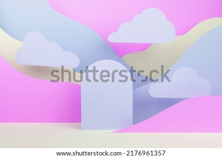 Trendy hipster scene with arch podium mockup, abstract mountain landscape with pastel pink, lilac, white color, clouds. Vapor wave template stage for advertising, presentation cosmetic, goods, text.
