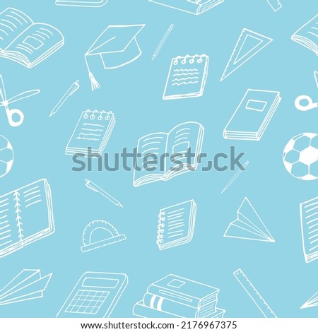 back to school seamless pattern. hand drawn doodle. vector, minimalism, cartoon. stationery, books, notepads, notebooks, ball, paper airplane, rulers, scissors, graduate cap. education, wallpaper