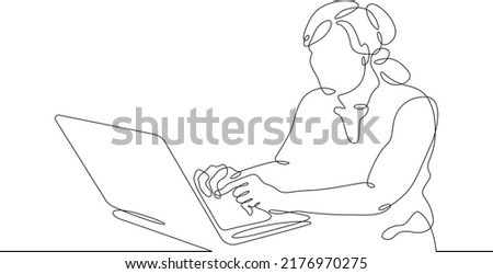 One continuous line. The woman works at the computer. A female character sits at a laptop. Work with mobile Internet.One continuous line is drawn on a white background.