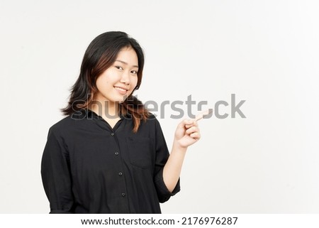 Showing Product and Pointing Side of Beautiful Asian Woman Isolated On White Background