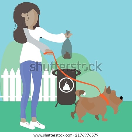 vector illustration of a girl with a dog on a leash, cleaning up after your pet
