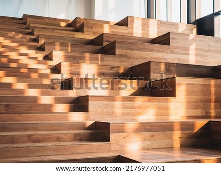 Wooden step stairs Interior design Geometric pattern Architecture details Royalty-Free Stock Photo #2176977051