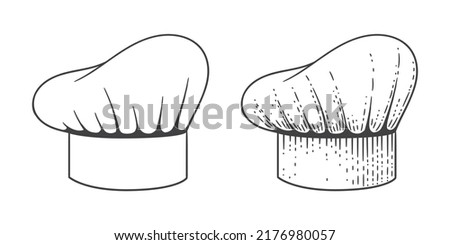 chef hat sketch vintage engraving style. Vector black hat chef cook on white background