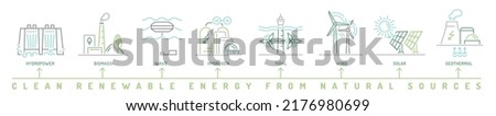 Renewable energy types. Electricity generation ecological sources. Solar, water, fossil, wind, hydrogen, wave, tidal, thermal, geothermal and biomass. Editable vector illustration Royalty-Free Stock Photo #2176980699