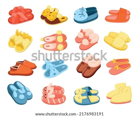 House slippers cartoon set of colorful warm furry footwear items for women and kids isolated vector illustration Royalty-Free Stock Photo #2176983191