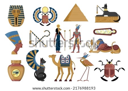 Egyptian symbols. Ancient Egypt. God and pharaoh with scepters. Cleopatra sculpture. Pyramid temple. Sphinx statue. Mythology animals. Mummy in sarcophagus. Vector illustration set Royalty-Free Stock Photo #2176988193