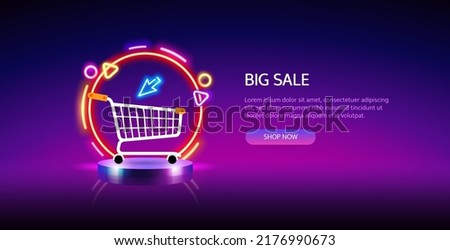 Cylinder Podium with Round Colorful Neon Sale Banner on Blurred Background with Shopping Cart. Vector clip art for your discount project.