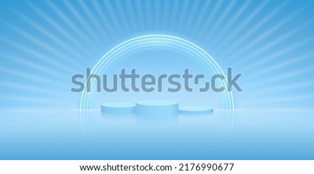 Three Cylinder Winners Podium with Round Neon Frame on Light Blue Background with Rays. Vector clip art for your award project design in modern style.
