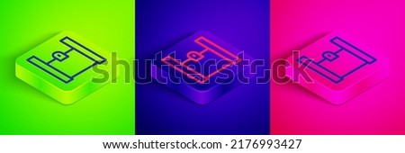 Isometric line Paper shopping bag icon isolated on green, blue and pink background. Package sign. Square button. Vector