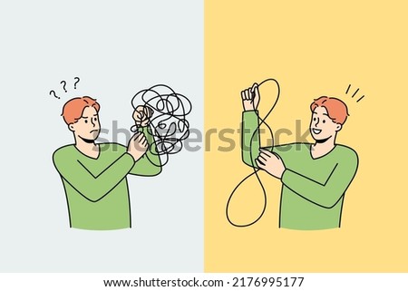 Man untangle puzzle find answers to mental problems. Unhappy and happy male after psychological session. Mind and stress relieve concept. Vector illustration.  Royalty-Free Stock Photo #2176995177