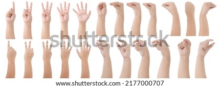Group of Kid Hand Isolated on White Background : Hand Counts from one to five, Grab hand, Snake pose. Royalty-Free Stock Photo #2177000707