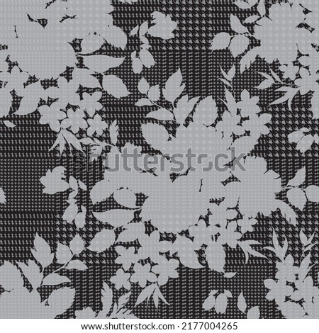 grey seamless floral vector flowers bunches with halftone negative pattern on black background