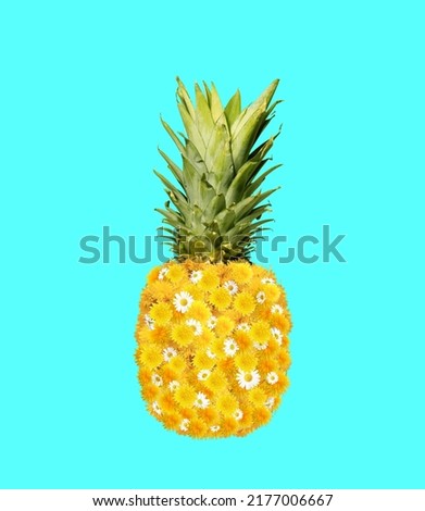 Contemporary art collage. Creative colorful design with pineapple and dandelion flowers isolated on blue background. Concept of summer, mood, imagination, surrealism, fun. Copy space for ad, poster