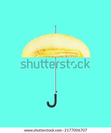 Contemporary art collage. Creative colorful design with umbrella made from melon isolated on mint background. Concept of summer, mood, imagination, inspiration, surrealism. Copy space for ad, poster