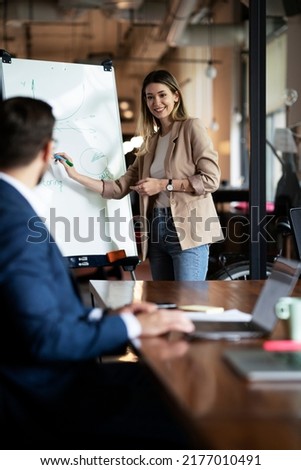 Businesswoman present her idea to working team. Young beautiful woman presenting businessplan	