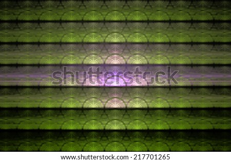Rows and columns of shining decorative small half-discs in bright green and pink with distorted vortex-like pattern, horizontal lines crossing all discs and colorful center surrounded by black shadow