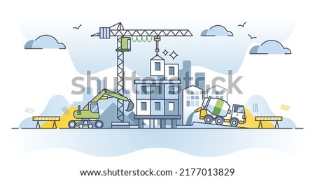 Construction site and new residential panel building house outline concept. Work with crane, concrete mixer and excavator vector illustration. Skyscraper town project development with heavy machinery. Royalty-Free Stock Photo #2177013829