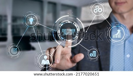 Internet, business, Technology and network concept. Inscription Customer journey on the virtual display. Virtual button.