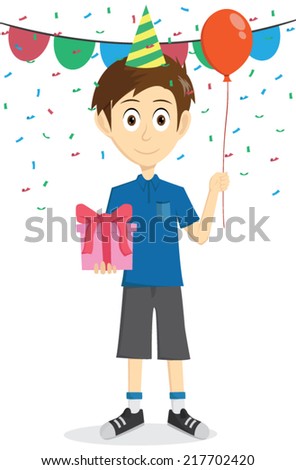 Boy Holding A Gift And Balloon For Birthday