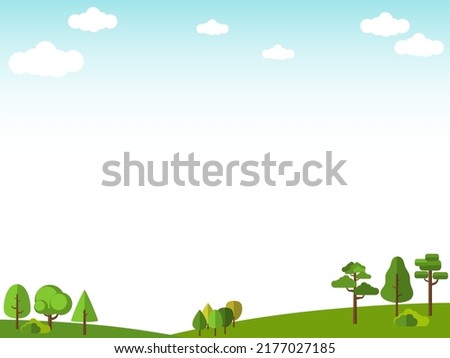 Nature themed background with green trees, blue sky, and white clouds, with illustration style. Great for background on banners, posters, or presentation screens.