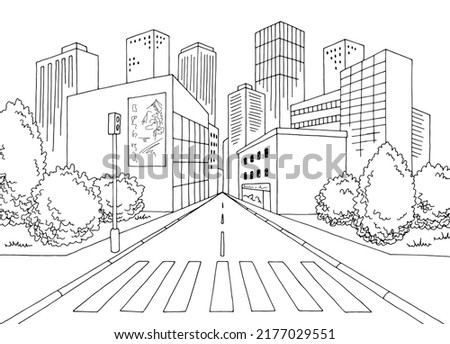 Crosswalk street road graphic black white city landscape sketch illustration vector  Royalty-Free Stock Photo #2177029551