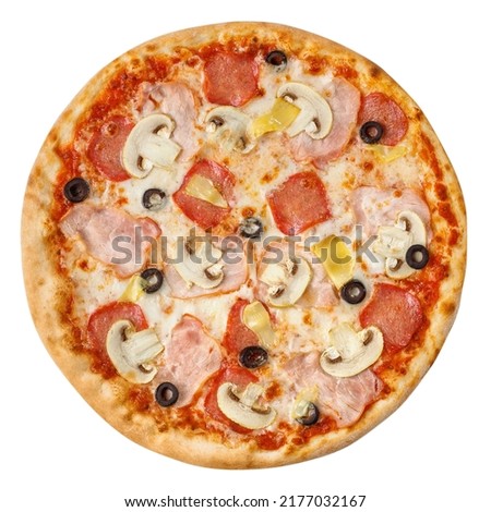 Fresh hot Italian pizza with salami, mushrooms, ham and olives isolated on white background. Top view close up of freshly baked classic pizza for delivery to customer. Royalty-Free Stock Photo #2177032167