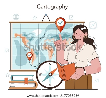 Geography class concept. Students learning the lands and inhabitants of the Earth. Mapping and environment research. Geology and cartography studying. Flat vector illustration Royalty-Free Stock Photo #2177033989