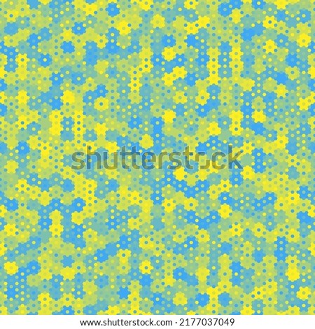 Camouflage seamless pattern with yellow and blue halftones hexagonal geometric alien camo ornament. Abstract template for fabric and fashion print. Ukrainian flag colored vector illustration