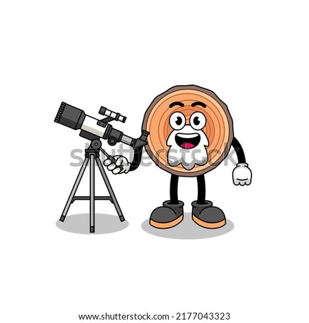 Illustration of wood trunk mascot as an astronomer , character design
