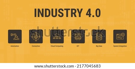 Industry 4.0. Сoncept banner with keywords on a yellow background. Cloud Computing, IOT, Artificial Intelligence, Big Data, Automation, System Integration, Cyber Security. Minimal vector infographic. Royalty-Free Stock Photo #2177045683