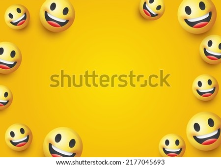 High quality emoticon on yellow gradient background. Smiling emoji banner. Yellow face emoji vector illustration. Popular chat elements. Trending emoticon. Royalty-Free Stock Photo #2177045693