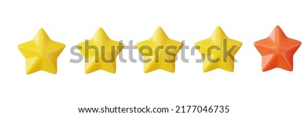 Five stars in row. Glossy yellow and  red colors. Customer rating feedback concept from the client about employee of website. Abstract 3d render. Royalty-Free Stock Photo #2177046735