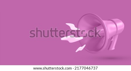 Pink megaphone loudspeaker on  pink background. 3D render  illustration. Marketing time concept, realistic 3d megaphone, loudspeaker with lightning.  Royalty-Free Stock Photo #2177046737