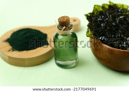 Alternative seaweed oil, spirulina. Selective focus. Healthy ingredient with Algae Seaweeds. Selective focus Royalty-Free Stock Photo #2177049691