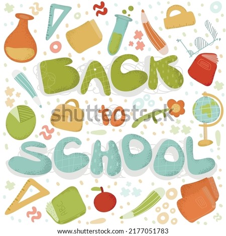 Back to school with school items and elements. vector banner design. Background Banner with text, Backpack and Educational Supplies, Pen, Pencil. school doodle ellement