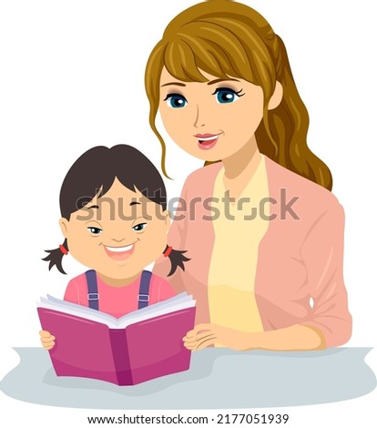 Illustration of Teen Girl Teaching Kid Girl with Down Syndrome How to Read a Book
