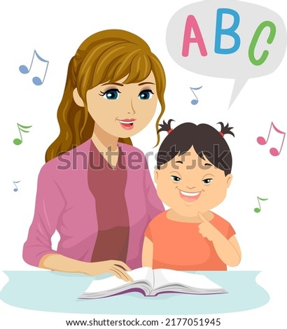Illustration of a Teen Girl and Kid Girl with Down Syndrome Singing and Reading ABC