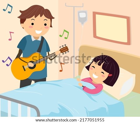 Illustration of Stickman Man Playing Guitar for Kid Girl Lying in Hospital Bed as Music Therapy