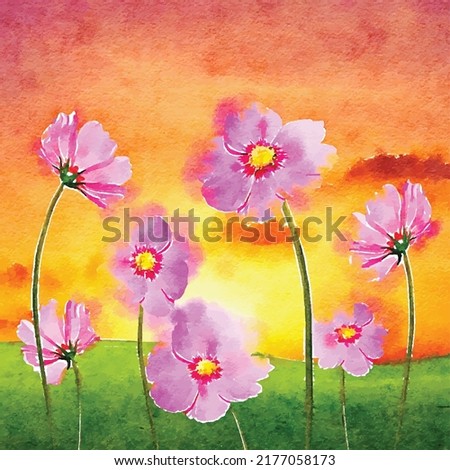 Pink blooming flowers on a green meadow against an orange sky and a golden sunset. Realistic hand drawn watercolor illustration. Hand painted vector Clip art. Template.