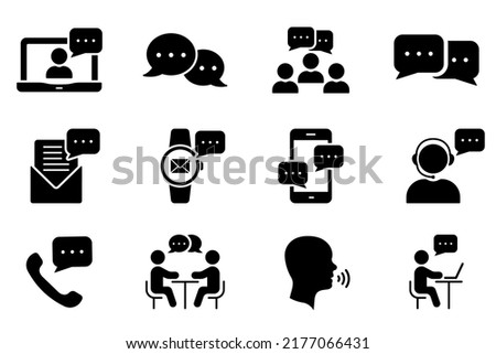 Community People Talk on Online Conference Collaboration Glyph Pictogram. Person Text Message in Chat, Interview Talk, Communication Speech Bubble Silhouette Icon Set. Isolated Vector Illustration. Royalty-Free Stock Photo #2177066431